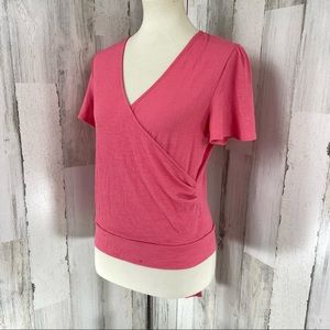 Paperoc Women's Pink Faux Wrap V Neck Short‎ Sleeve Shirt Top Blouse Size Medium